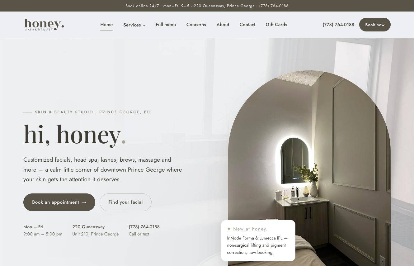 honeyskinpg.ca homepage on desktop