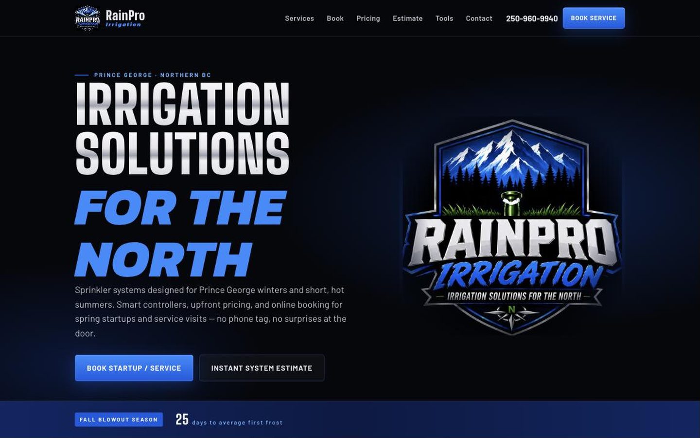 RainPro Irrigation homepage on desktop