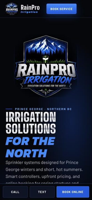 RainPro Irrigation homepage on a phone
