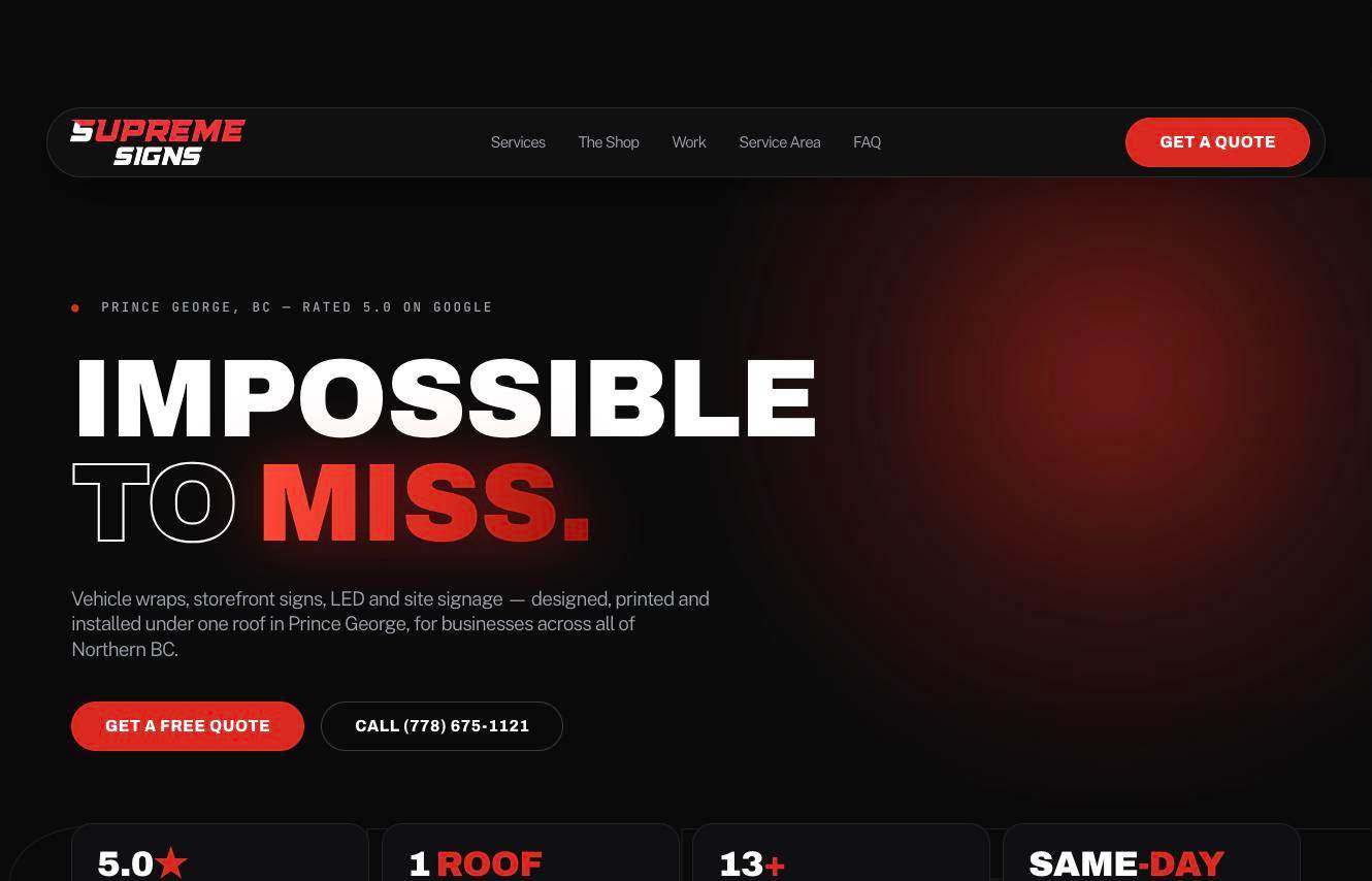 supremesigns.ca homepage on desktop